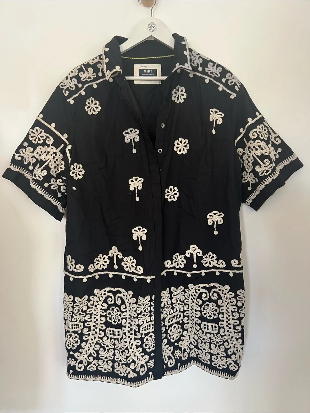 Anthropologie Maeve Black Mini Shirt Dress with Cream Embroidery - Picture 4 of 10